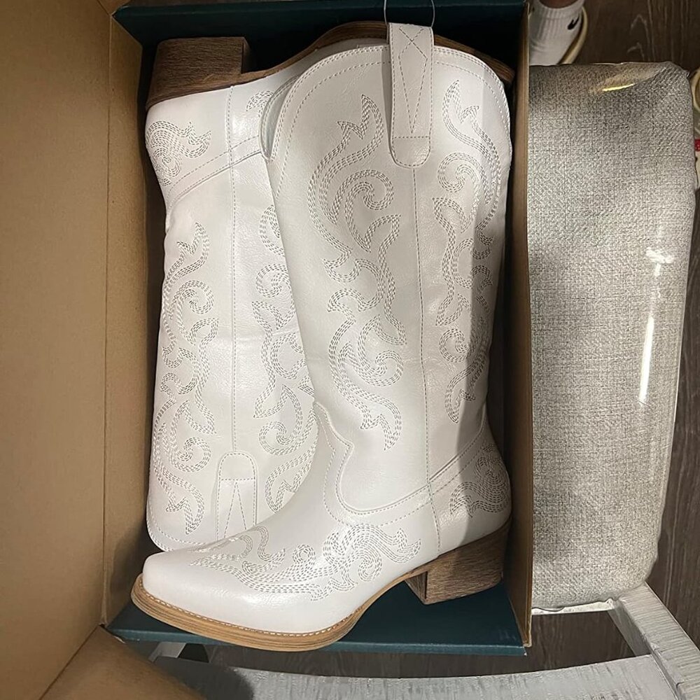 🆕Women White Synthetic Leathers Cowgirl Chunky Heel Snip Toe Mid-Calf Boots